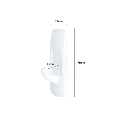 Un moyen crochet polyvalent Command™ M en pack avantage (17001-2) de 3M Deutschland GmbH en blanc, 76 x 22 mm avec crochet de 25 mm de longueur, offre une fixation sans dommage. Visible sur fond blanc.