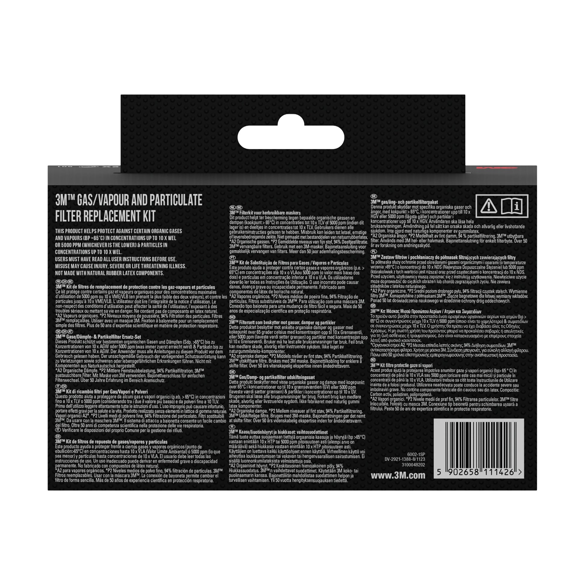 Rückseite eines 3M™ Filtersatzes 6002-1, A2P2 organische Dämpfe (2x6055, 2x5925, 2x501) der 3M Deutschland GmbH, mit Produktinformation, Gebrauchsanweisung und Sicherheitsrichtlinien für organische Dämpfe auf schwarzem Hintergrund.