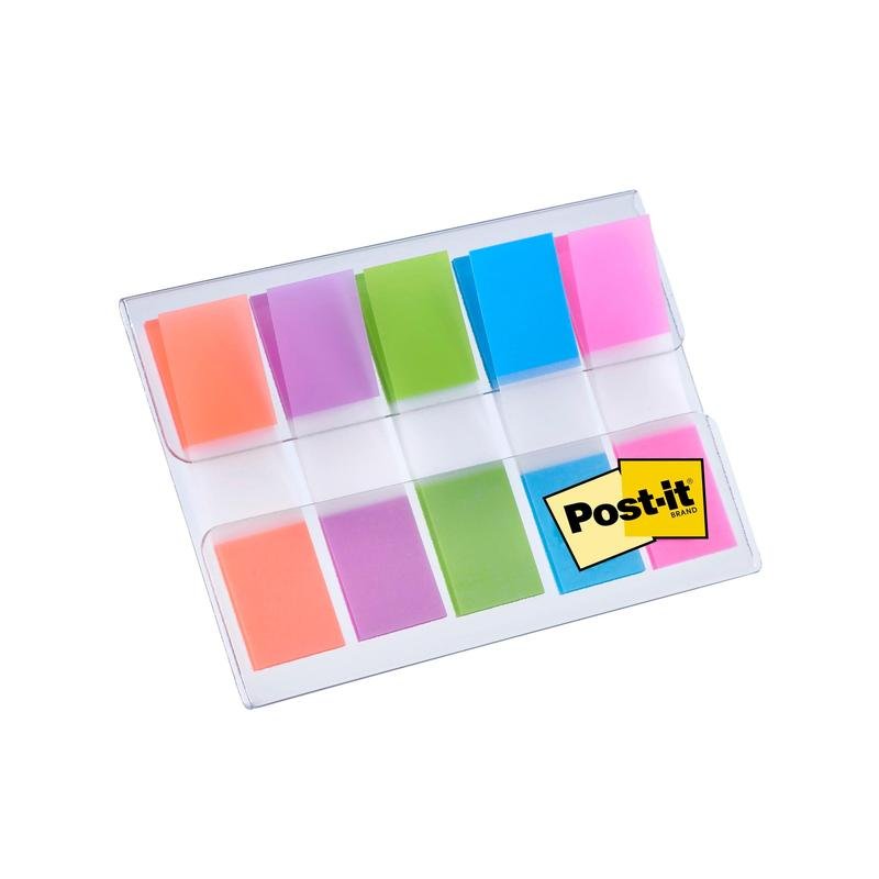 Le distributeur de Post-it® Index Signets Mini de 3M Deutschland GmbH contient 100 signets rectangulaires (11,9 mm x 43,2 mm) dans les couleurs orange, rose, violet, vert et bleu ; le logo Post-it est situé dans le coin inférieur droit de l'étui.