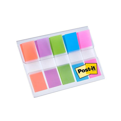 Le distributeur de Post-it® Index Signets Mini de 3M Deutschland GmbH contient 100 signets rectangulaires (11,9 mm x 43,2 mm) dans les couleurs orange, rose, violet, vert et bleu ; le logo Post-it est situé dans le coin inférieur droit de l'étui.