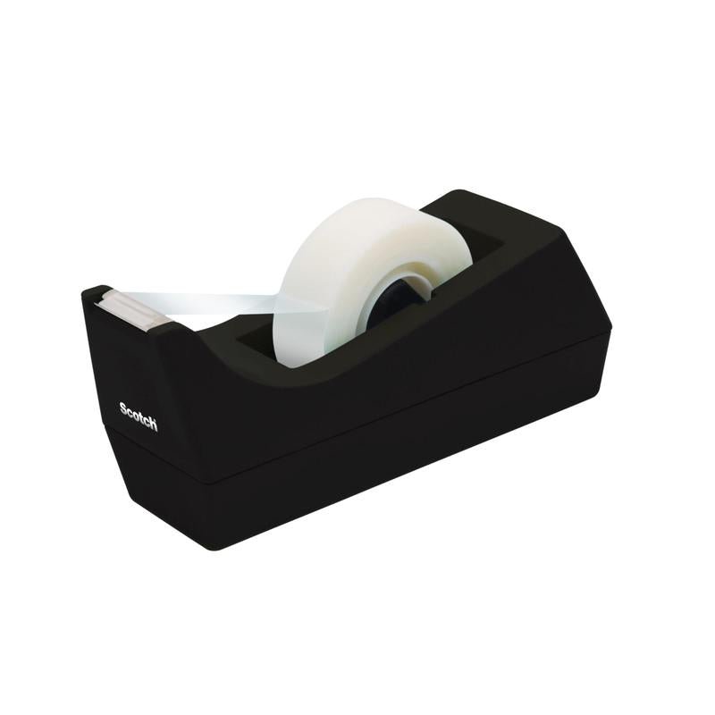 Le dévidoir de ruban adhésif de bureau Scotch™ C38 en noir de 3M Deutschland GmbH tient un rouleau de ruban adhésif transparent, partiellement déroulé et prêt à l'emploi. L'accessoire de bureau repose sur un fond blanc.