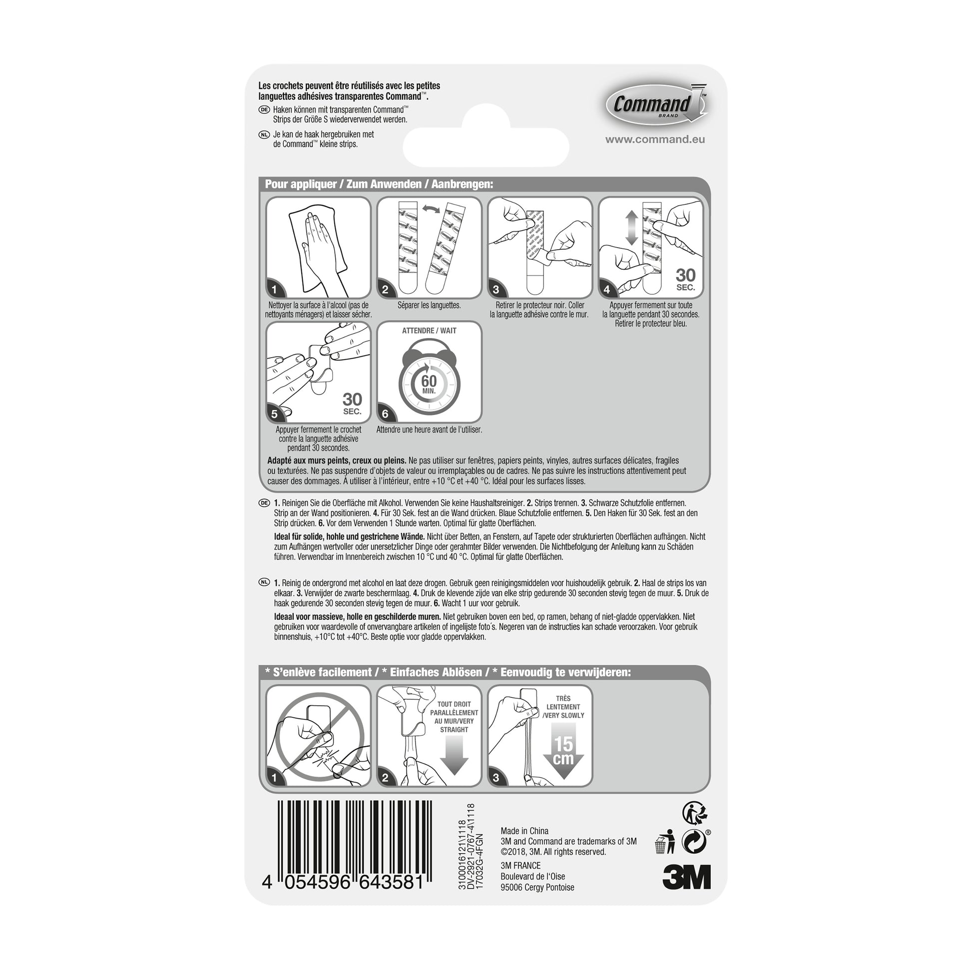 Die Rückseite des Command™ Metallhaken Größe S, Goldfarbe, 17032BR-4ES (4 Haken, 5 Streifen) von 3M Deutschland GmbH zeigt illustrierte Anwendungs-/Entfernungsschritte, Anwendungstipps, mehrsprachige Informationen, Barcode und Unternehmensangaben am unteren Rand.