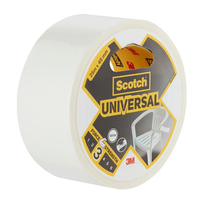 Ruban adhésif Scotch® Universal 2904 de 3M Deutschland GmbH, 25 m x 48 mm, avec une étiquette blanc-jaune portant les logos Scotch et 3M ainsi que l'image d'une chaise en plastique blanc.