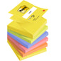 Ein Stapel Post-it® Z-Notizen in verschiedenen Neonfarben (gelb, pink, orange, blau, lila), jeweils 76x76 mm mit 100 Blatt pro Block und 6 Blöcken pro Packung. PEFC-zertifiziert (100%) von 3M Deutschland GmbH für nachhaltige Beschaffung.