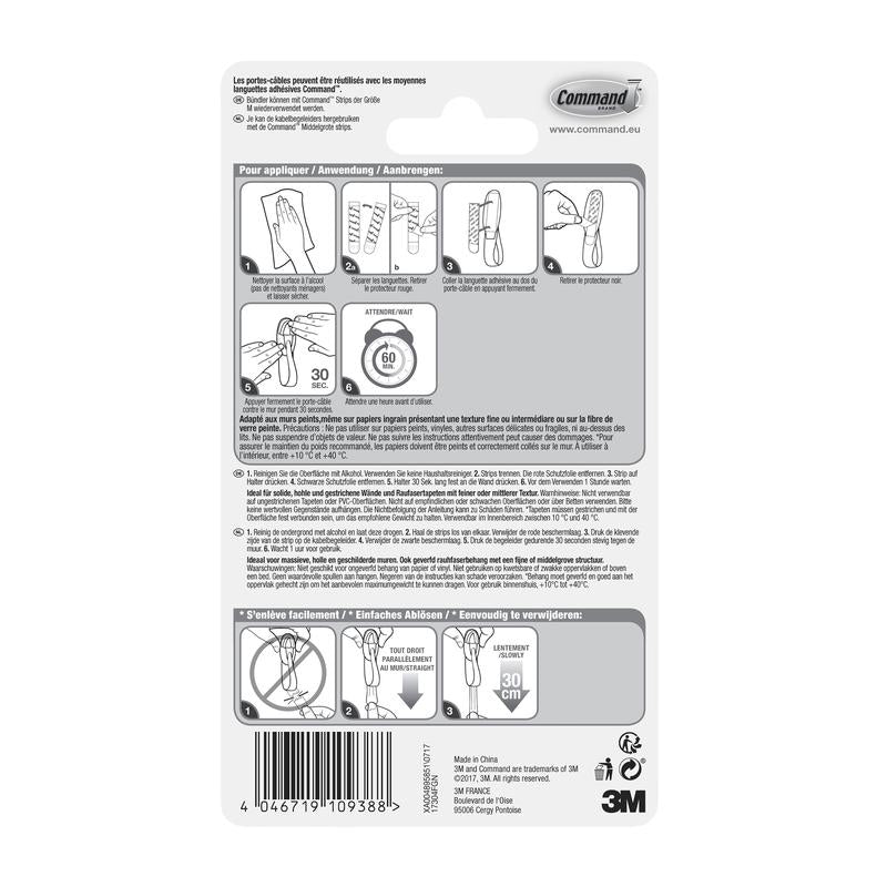 L'emballage des supports de câble Command™, 17304-FR de 3M Deutschland GmbH contient des instructions en français, allemand et néerlandais pour l'application et le retrait des crochets adhésifs avec des illustrations pour l'organisation des câbles et des détails du produit au bas.