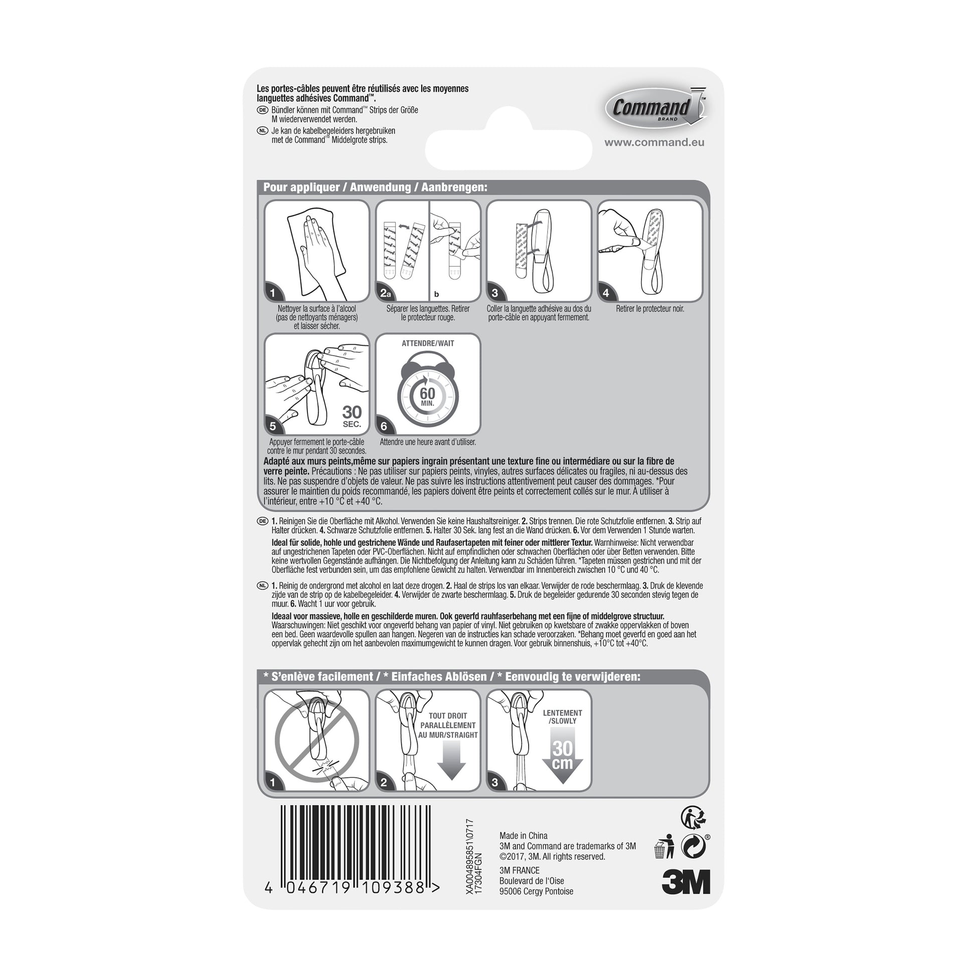 Rückseite der Command™ Kabelhalter 17304-FR Packung (1 Stück) von 3M Deutschland GmbH mit mehrsprachigen bebilderten Anleitungen: Oberfläche reinigen, Streifen anbringen, Halter 30 Sek. andrücken, zum Entfernen am Zuglasche ziehen.
