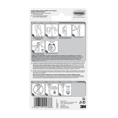L'emballage des supports de câble Command™, 17304-FR de 3M Deutschland GmbH contient des instructions en français, allemand et néerlandais pour l'application et le retrait des crochets adhésifs avec des illustrations pour l'organisation des câbles et des détails du produit au bas.