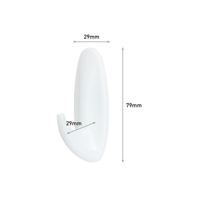 Le crochet de designer moyen Command™ (17081-FGN) de 3M Deutschland GmbH est blanc, avec des dimensions de 79 mm de hauteur et 29 mm de largeur/profondeur, marqué de flèches sur fond blanc.