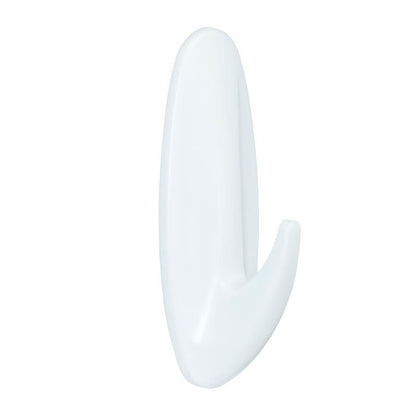 Le crochet de design large pour salle de bain Command™, 17083B de 3M Deutschland GmbH est un crochet en plastique blanc avec un design incurvé, illustré sur un fond blanc simple - parfait pour une installation sans perçage.