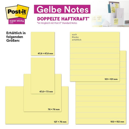 Een grafiek toont 3M Post-it® Super Sticky Notes (76 mm x 76 mm, 90 vel/blok, 100 % PEFC) en benadrukt hun sterke hechting en blanco optie. Rechtsboven zijn meerdere gele notities op een bureautafel te zien.