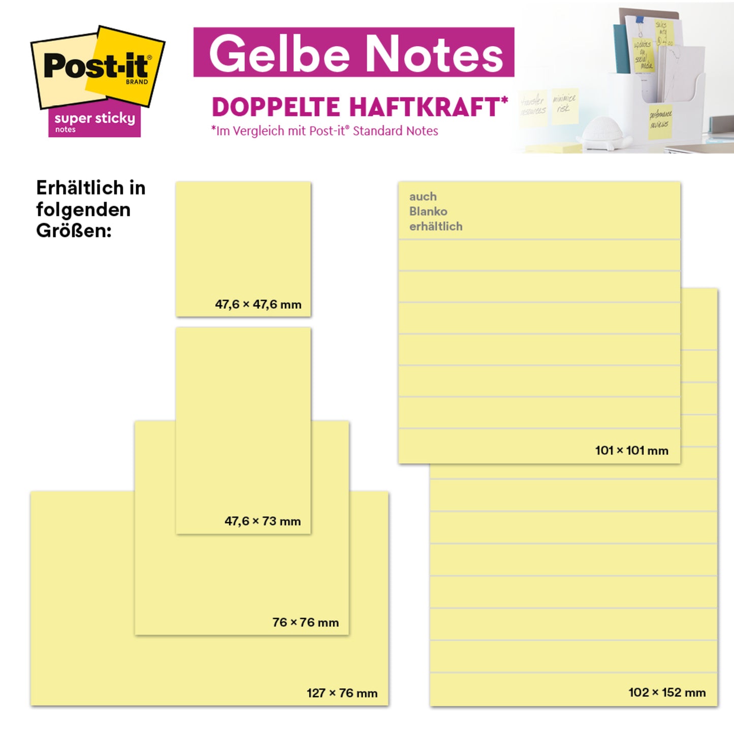 Eine Tabelle zeigt 3M Post-it® Notes, Gelb, als wesentlichen Bürobedarf in Deutsch. Angeboten im Format 38 x 51 mm mit 100 Blatt/Block, enthält jede Packung 12 Blöcke in einer PEFC-zertifizierten Kartonverpackung.