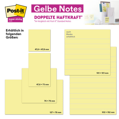 Ein Werbebild für die 3M Deutschland GmbH Post-it® Notes in Gelb zeigt vier Größen (47,6×47,6 mm, 47,6×77 mm, 127×76 mm, 101×101 mm), mit Produktinformationen in deutscher Sprache und 100% PEFC zertifiziertem Papier auf einem Schreibtisch.