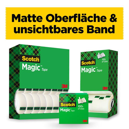 Drie dozen Scotch® Magic™ Onzichtbare Tape van 3M Deutschland GmbH zijn afgebeeld in verschillende maten met zichtbare rollen. Bovenaan is een geel banner met de tekst "Matte oppervlak & onzichtbare tape" te zien, en op elke doos staat het 3M-logo.