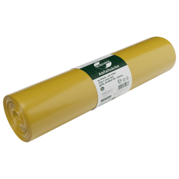 Eine Rolle DEISS 23004 gelbe Müllsäcke (700x1100 mm, Typ 60, 25 Stück) von EMIL DEISS KG (GmbH + Co.) mit einem weiß-grünen Etikett, das üblicherweise als Schutzfolie oder Abdeckfolie im Baugewerbe verwendet wird, auf hellgrauem Hintergrund.