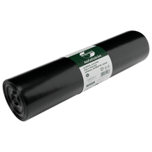 Abgebildet ist eine DEISS 25023 Müllbeutel-Rolle (700x1100 mm, Typ 100 schwarz, 15 Stück) der EMIL DEISS KG (GmbH + Co.), mit weiß-grünem Mittelschild, auf hellgrauem Hintergrund.