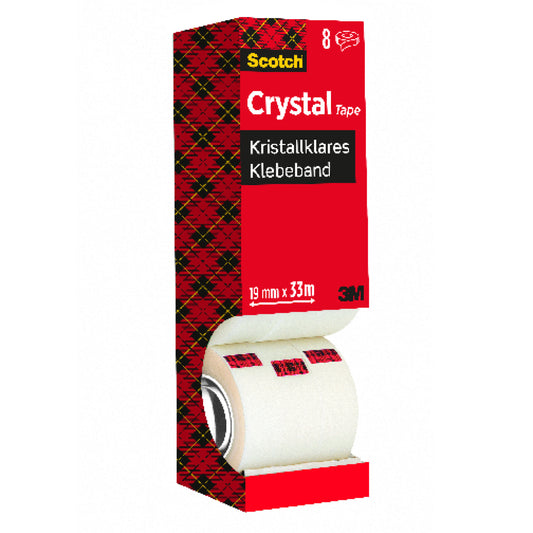 Ein Vorteilspack der 3M Deutschland GmbH Scotch® Crystal Klebeband, transparent, enthält 8 Rollen (19 mm x 33 m), mit Produktangaben in Deutsch und Englisch auf einer rot-kariert gestalteten Verpackung. Eine Rolle ist im unteren Teil der Packung teilweise sichtbar.