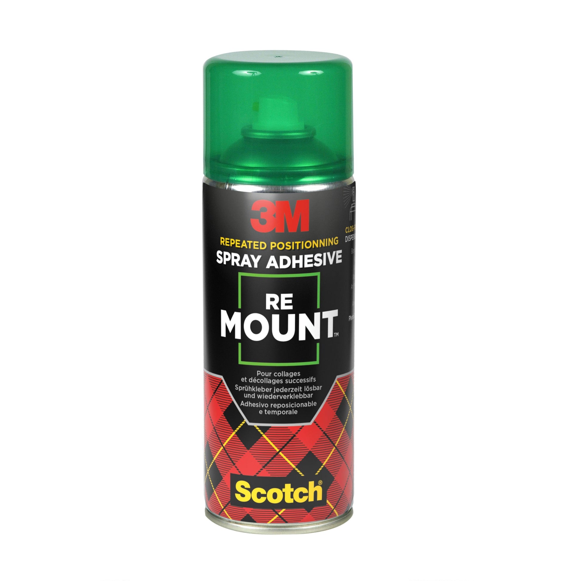 Eine 400 ml Dose 3M™ Scotch® ReMount™ Klebespray von 3M Deutschland GmbH, mit grüner Kappe und "Scotch" in gelber Schrift. Das Design beinhaltet ein rot/gelbes Karo am Boden und ist für temporäre Befestigungen gekennzeichnet.