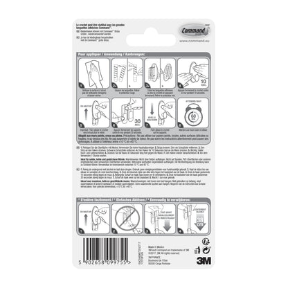 Die Rückseite einer Command™ Kleider-Haken, 17019-FGN-Verpackung der 3M Deutschland GmbH zeigt eine bebilderte Schritt-für-Schritt-Anleitung für die Wandbefestigung ohne Bohren, Warnhinweise, Produktdetails, den Barcode und den 3M Schriftzug in schwarz-weiß.