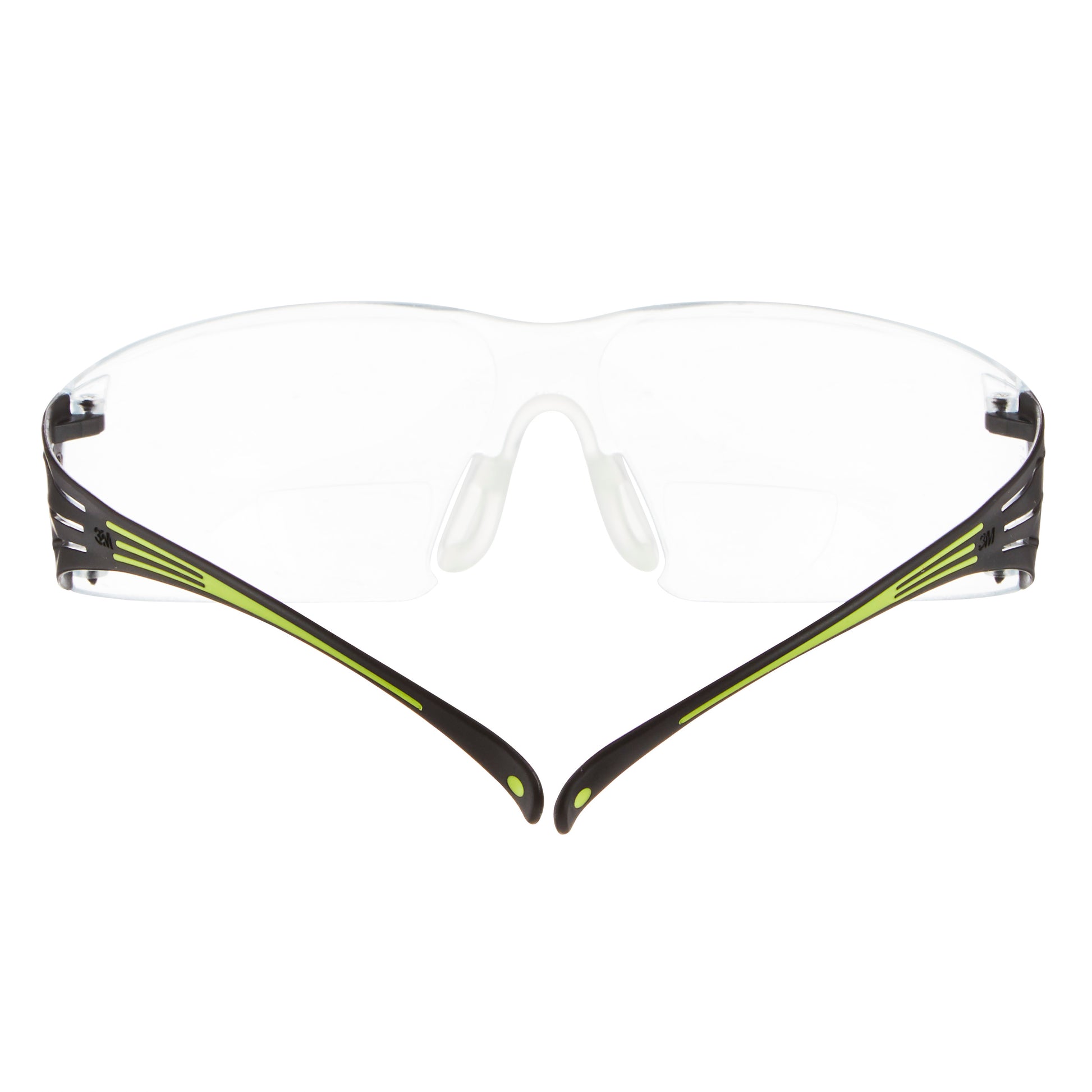 Die 3M™ SecureFit™ Lese-Schutzbrille von 3M Deutschland GmbH hat klare Gläser und schwarz-gelbe Bügel, hier von hinten mit ausgezogenen Bügeln.