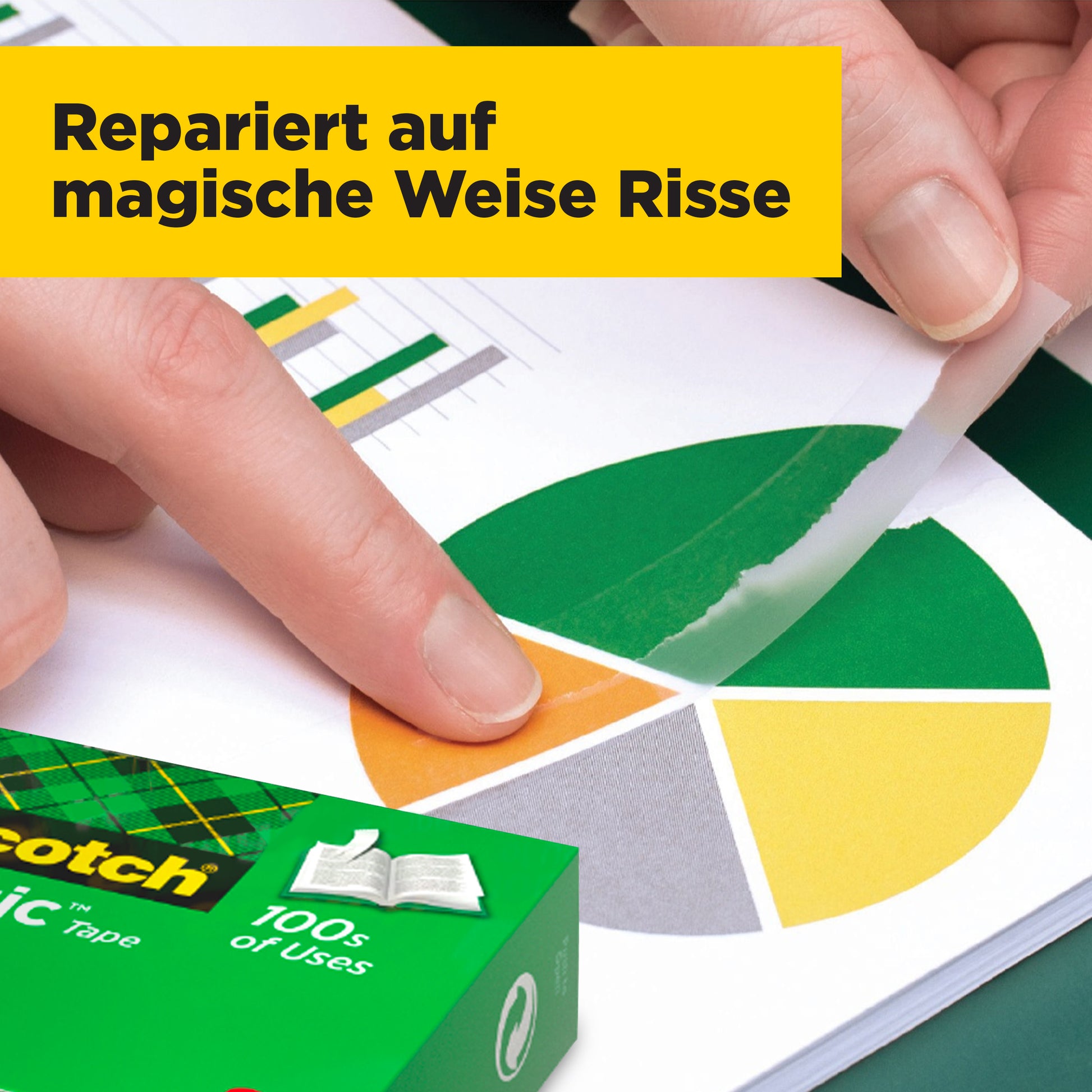 Eine Hand verwendet Scotch® Magic™ Unsichtbares Klebeband, Vorteilspack 8 Rollen (3M Deutschland GmbH), um ein zerrissenes Kreisdiagramm zu reparieren. Vorne ist der grüne Klebebandkasten zu sehen. Deutscher Text: "Repariert auf magische Weise Risse.