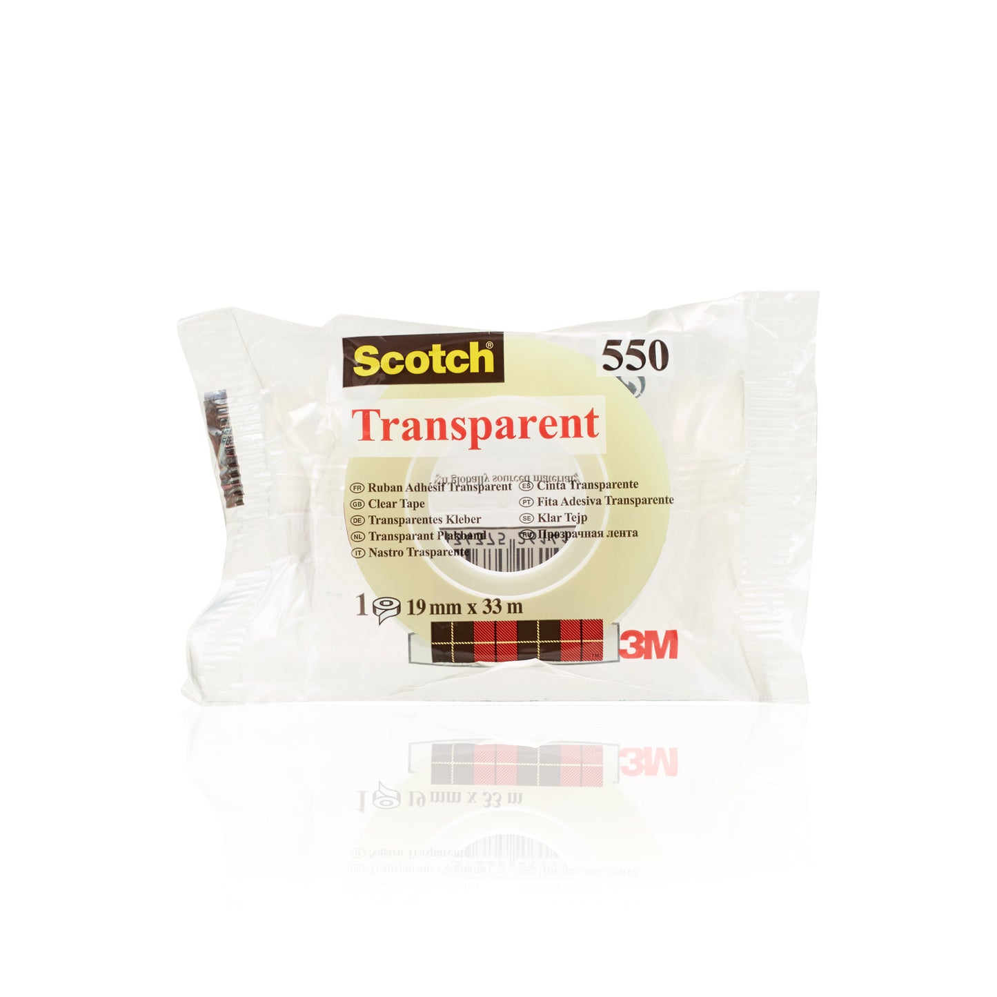 Eine versiegelte Packung Scotch® Transparentes Klebeband 550 der 3M Deutschland GmbH, 19 mm x 33 m, mit mehrsprachigem Text und rotem 3M-Logo unten rechts, ist auf weißem Hintergrund abgebildet.