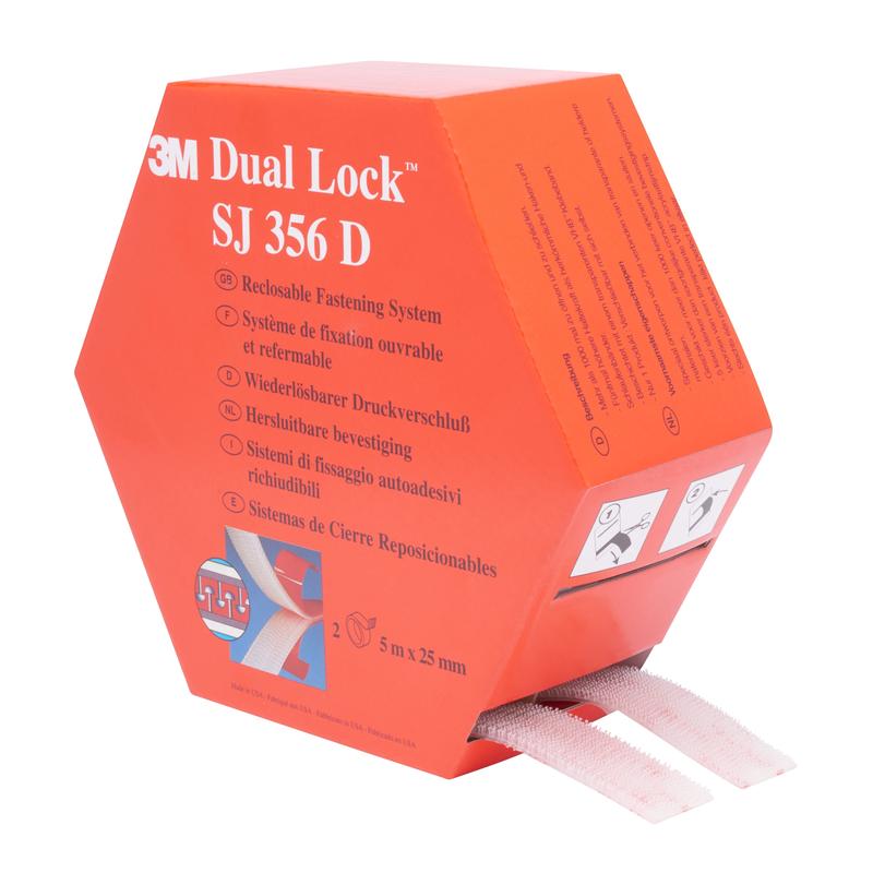 3M™ Dual Lock™ flexibele drukknoopsluiting SJ356D, transparant, 25 mm x 5 m, 5,7 mm, 40 koppen/cm², donatiebox | Pak (1 stuk)