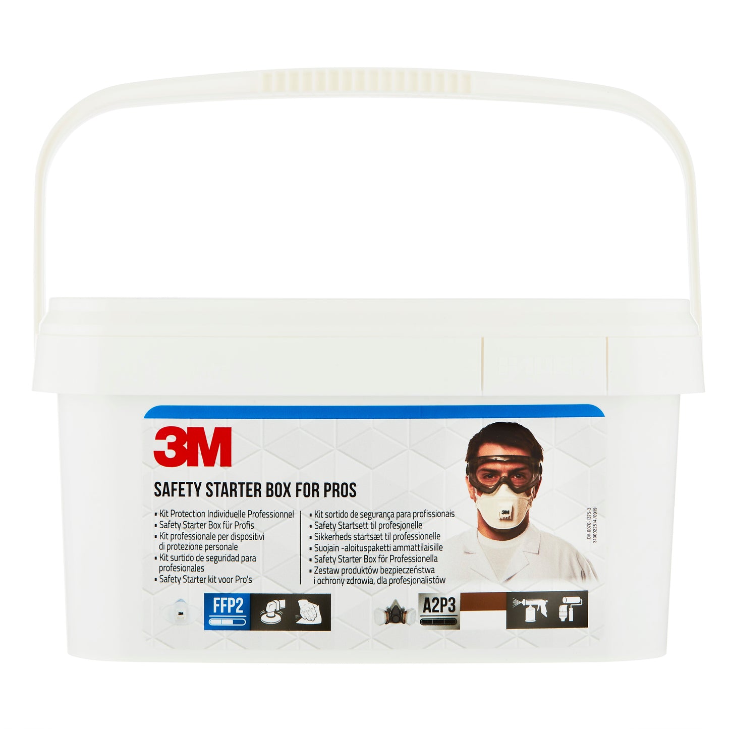 Die 3M™ Arbeitsschutz-Starter-Box für Profis 1000MCWE von 3M Deutschland GmbH ist ein weißes Set mit einem Tragegriff und einem Etikett mit Angaben zum PSA-Einsatz (Atem-, Augen- und Gehörschutz), sowie Produkt- und Zertifizierungsinformationen. 1 Set/Packung.