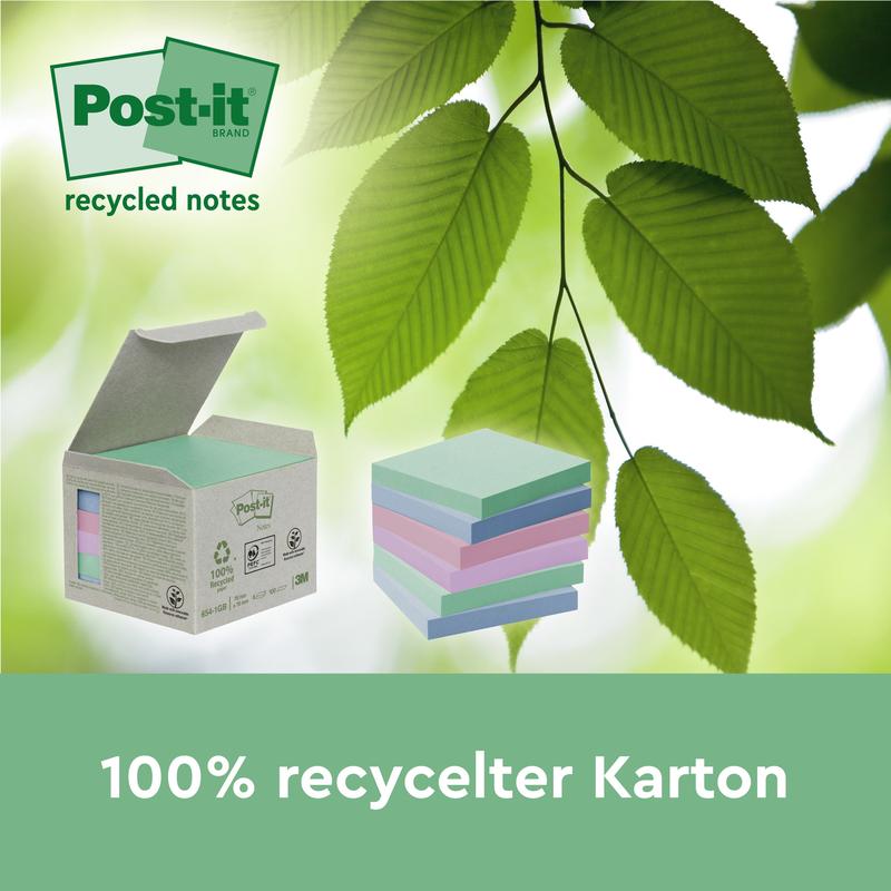 Une boîte de Post-it® Super Sticky 100% Notes Recyclées (76x76 mm, 70 feuilles/bloc, certifiées PEFC) de 3M Allemagne GmbH avec des couleurs pastel et des feuilles vertes est illustrée. Le texte indique "Carton 100% recyclé" et "notes recyclées".