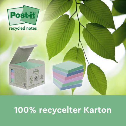 Une boîte de Post-it® Super Sticky 100% Notes Recyclées (76x76 mm, 70 feuilles/bloc, certifiées PEFC) de 3M Allemagne GmbH avec des couleurs pastel et des feuilles vertes est illustrée. Le texte indique "Carton 100% recyclé" et "notes recyclées".