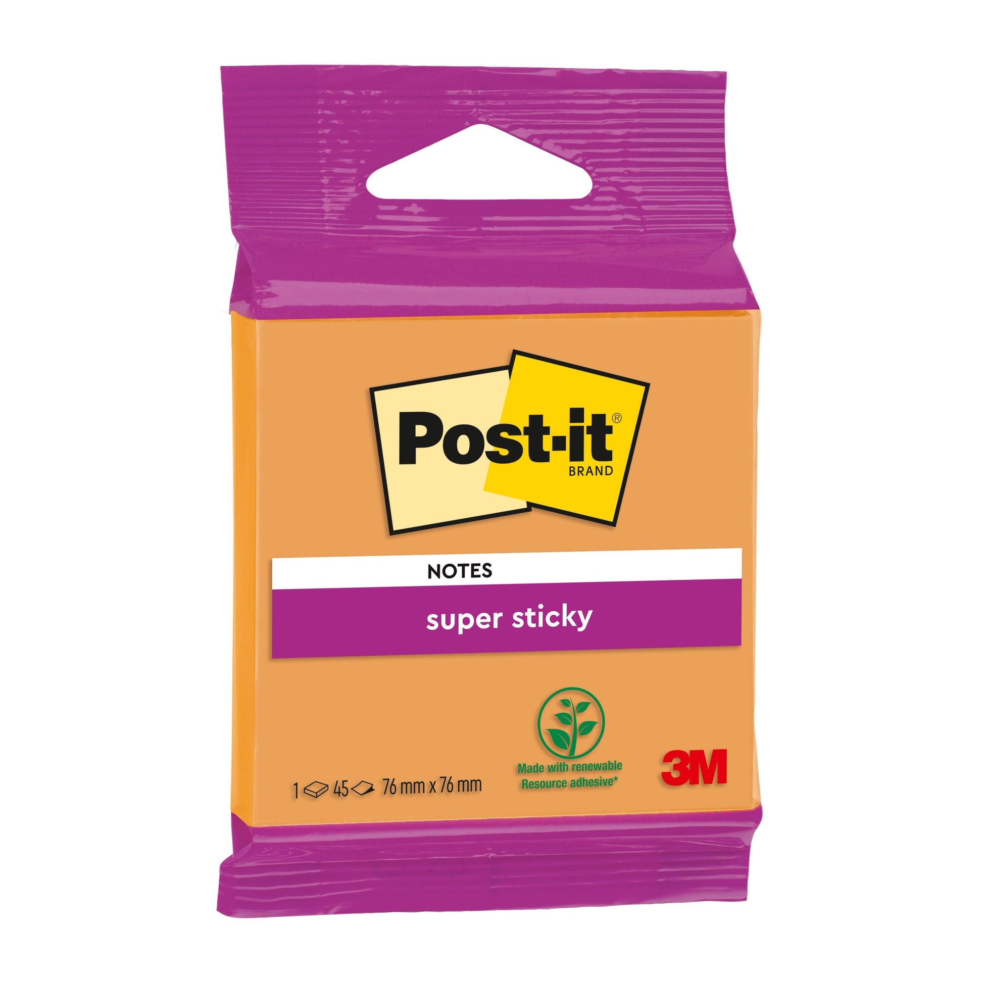 Eine Packung Post-it® Super Sticky Notes der 3M Deutschland GmbH, 76 mm x 76 mm, orange mit lila Etikett, mit dem Umweltzeichen und 45 Blatt aus 100% PEFC-zertifiziertem Papier.