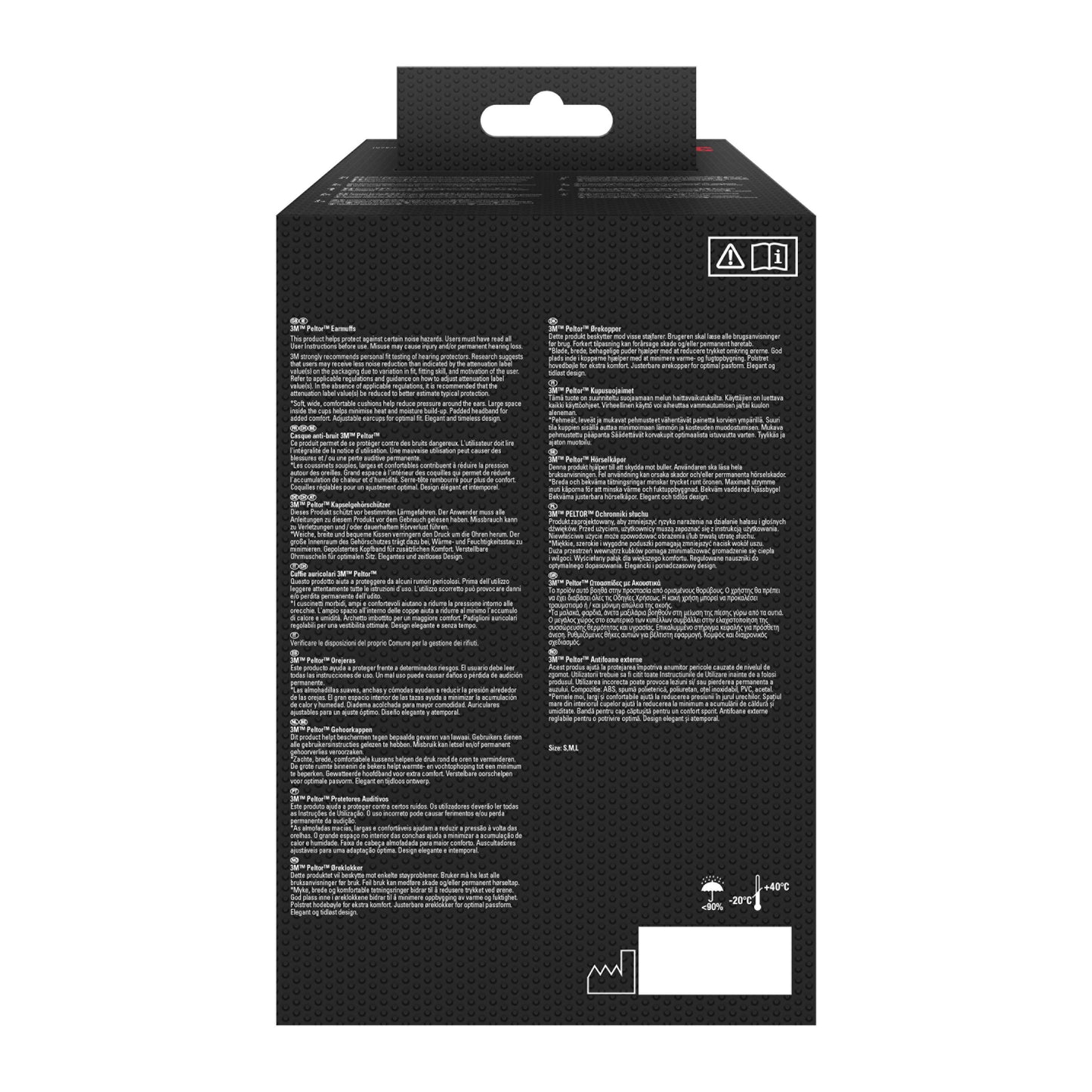 Die 3M™ PELTOR™ Optime™ II Kapselgehörschutz H520A (SNR 31 dB, Grün) Box zeigt mehrsprachige Informationen, Sicherheitssymbole oben rechts und einen Barcode-Bereich unten auf einem gepunkteten schwarzen Hintergrund. Marke: 3M Deutschland GmbH. Die Packung enthält 1 Stück.