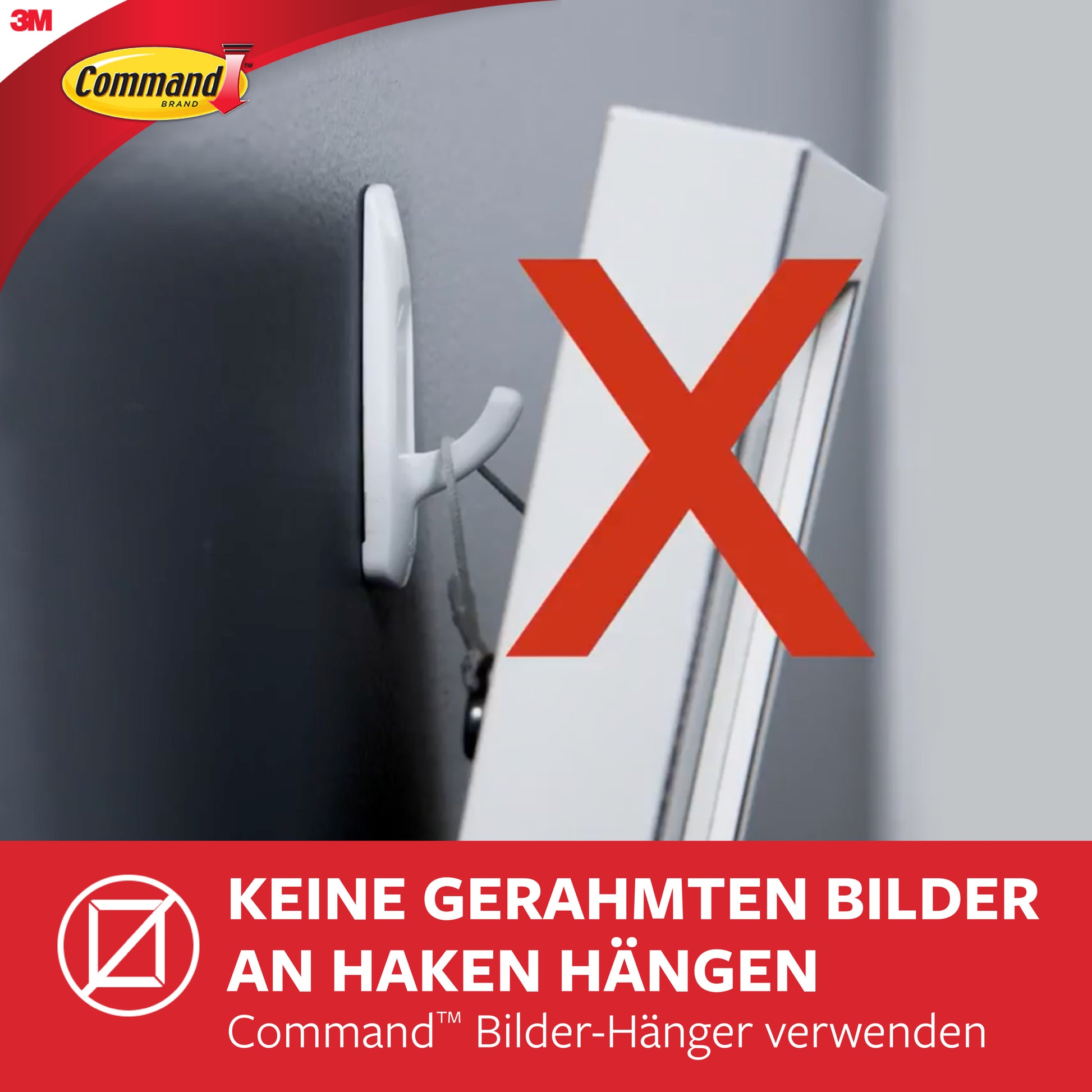 Ein gerahmtes Bild hängt an einem Haken an der Wand, über dem ein großes rotes X prangt. Der Text darunter rät von der Verwendung normaler Haken ab und empfiehlt stattdessen den 3M Deutschland GmbH Mittelgroße Command™ Mehrzweckhaken M im Vorteilspack, 17001-2.