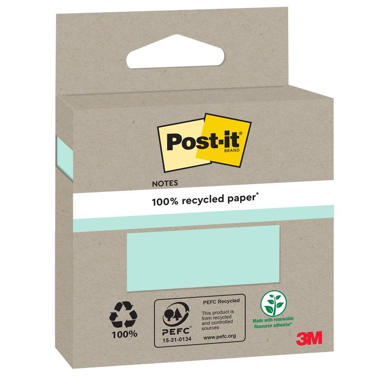 Een verpakking Post-it® Recycling Notes (76 mm x 76 mm, 100 vellen/blok, 100% PEFC) van 3M Deutschland GmbH is afgebeeld in een bruine doos met milieuvriendelijke logo's en een uitsparing met lichtgroene notities binnenin.