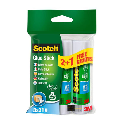 Een driepack Scotch® Permanente Lijmstift (2 stiften + 1 GRATIS, 21 g) van 3M Deutschland GmbH komt in een groen-transparante verpakking met meertalige productinformatie en de karakteristieke permanente lijmstift-formule.