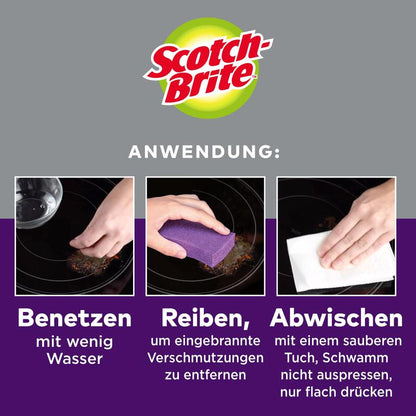 Trois étapes pour nettoyer avec l'éponge de nettoyage pour vitrocéramique Scotch-Brite™ (3M Deutschland GmbH) : 1) Humidifiez la surface vitrocéramique. 2) Frottez les brûlures avec l'éponge de nettoyage. 3) Essuyez avec un chiffon - ne pas aplatir l'éponge.