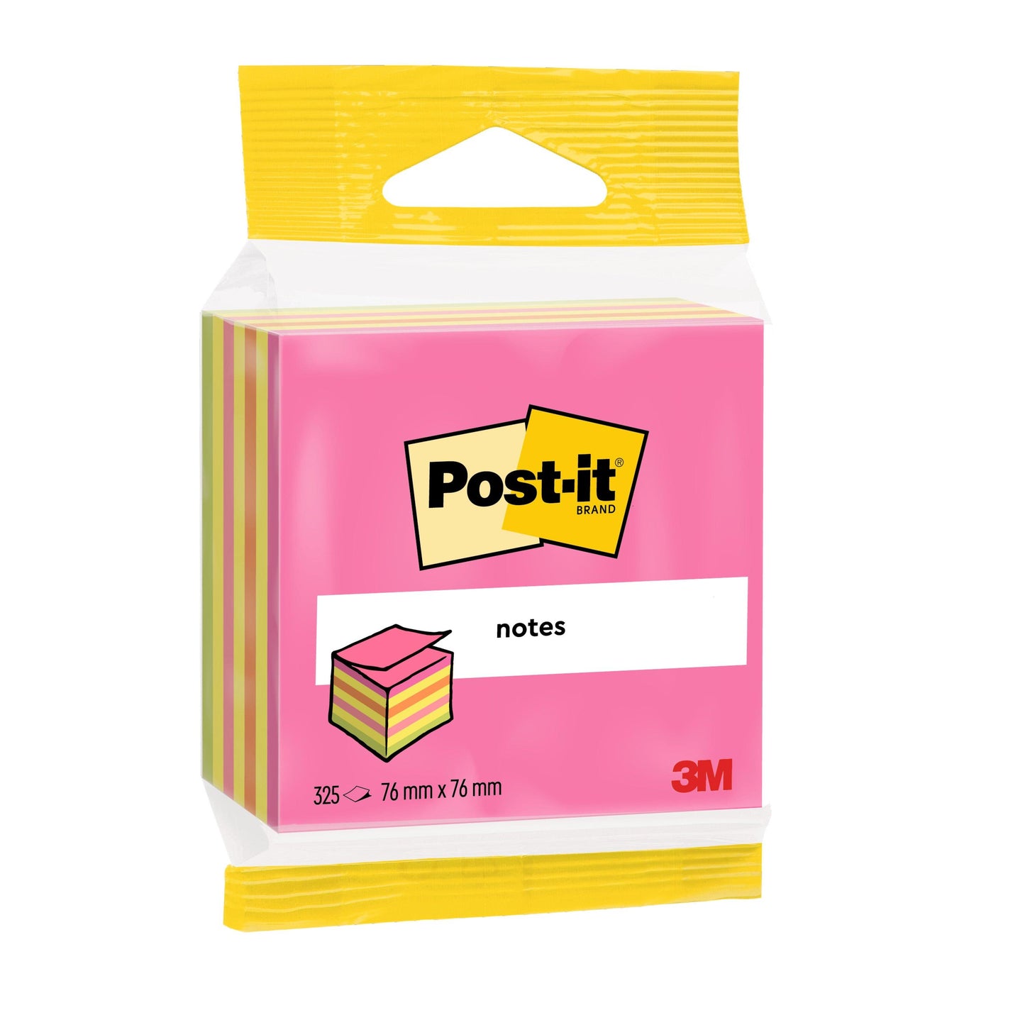 Un paquet de cubes de notes Post-it® de 3M Allemagne en rose et jaune, 76 x 76 mm, 325 feuilles - 100% certifié PEFC, idéal pour le quotidien au bureau.