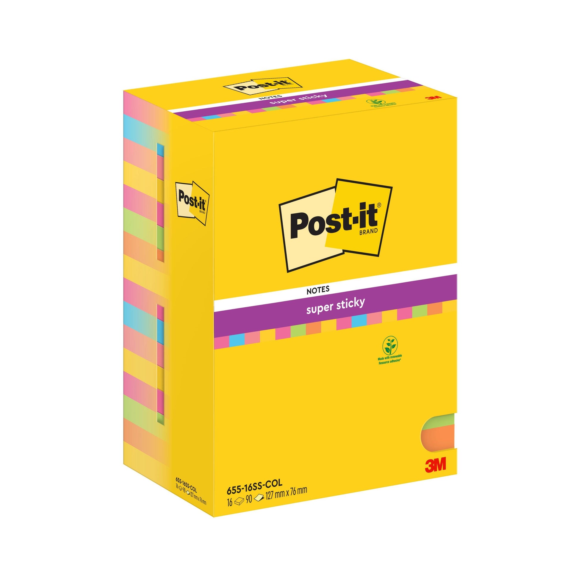 Eine Packung Post-it® Super Sticky Notes von 3M Deutschland GmbH, 16 Blöcke, je 76 x 127 mm, verschiedene Farben, 90 Blatt pro Block. 100% PEFC-zertifiziert (SGSCH-PEFC-COC-110078).