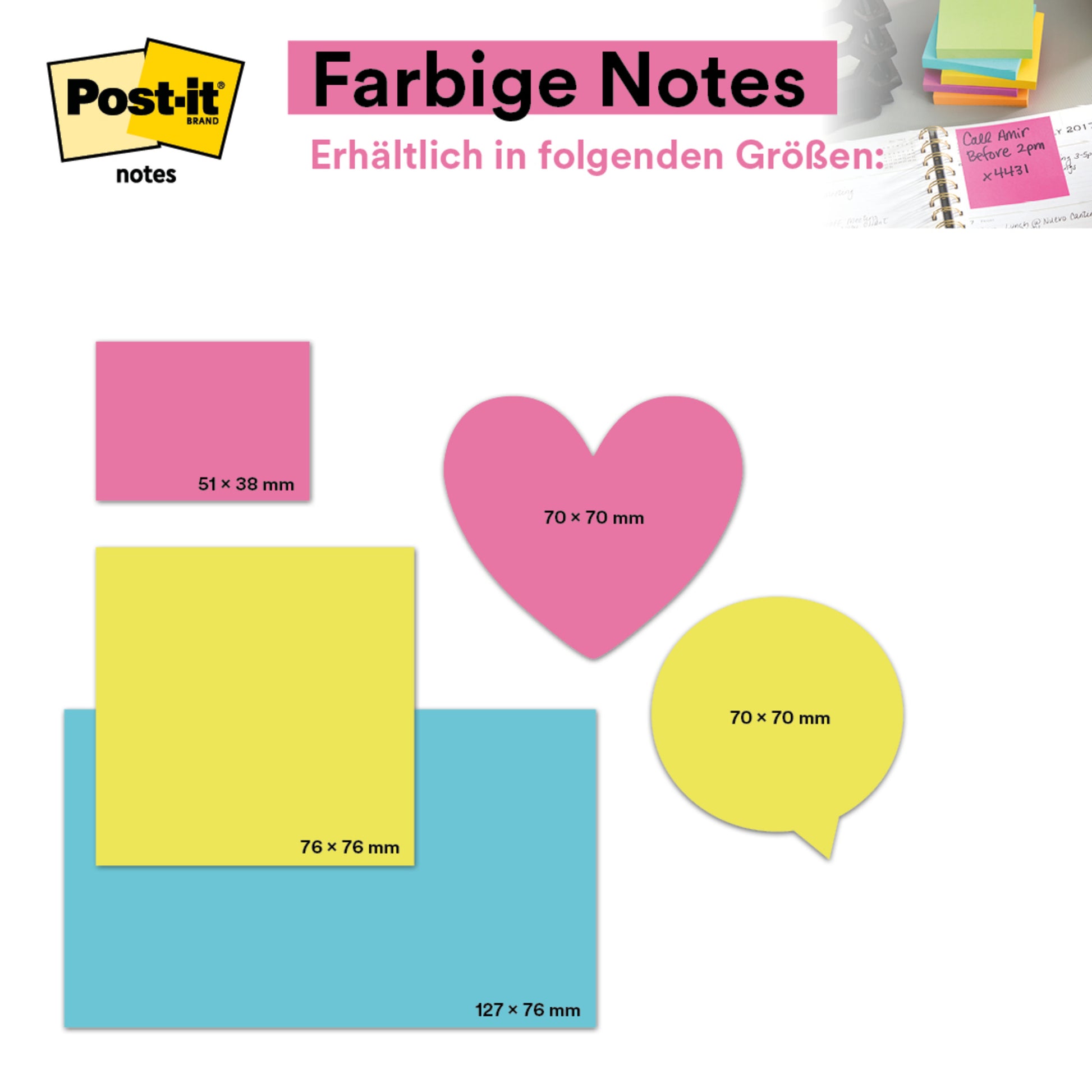 Ein Bild zeigt Post-it® Notes aus der Energetic Collection (76 x 76 mm, 100 Blatt/Block, 6 Blöcke/Packung, PEFC-zertifiziert) von 3M Deutschland GmbH in verschiedenen Formen und leuchtenden Farben.