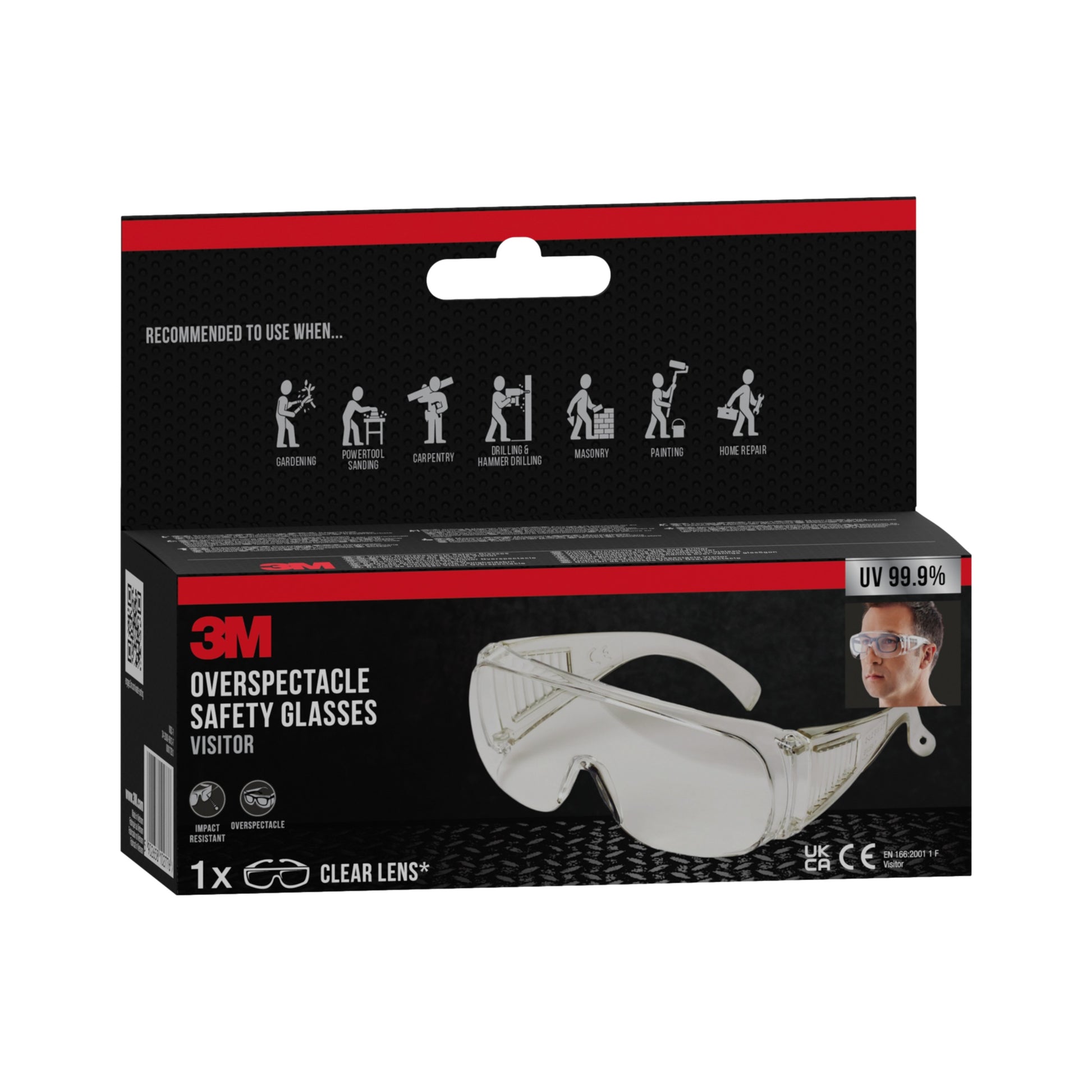 Eine Schachtel 3M™ Visitor Überbrille, Klarsichtscheibe (1 Stück) der 3M Deutschland GmbH zeigt auf der Verpackung Anwendungsempfehlungen und Abbildungen der Klarsichtbrille und eines Trägers.