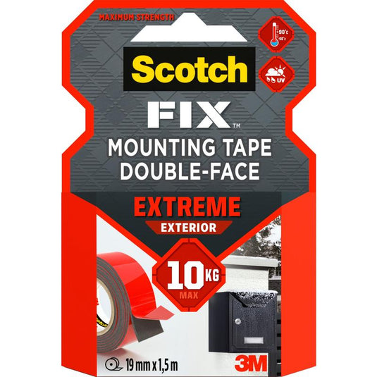 Een pakket Scotch-FIX™ Extreme dubbelzijdige buitenmontagetape van 3M Deutschland GmbH, met maximale sterkte, 10 kg belastbaarheid, UV-bestendigheid, grootte 19 mm x 1,5 m, ideaal voor buitengebruik.