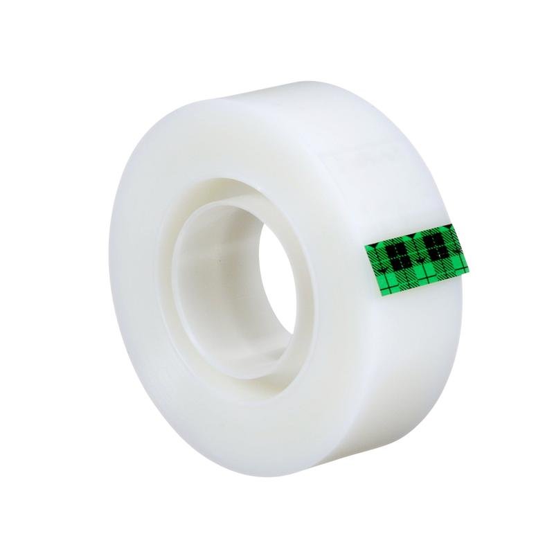 Een rol Scotch® Magic™ Onzichtbare Tape van 3M Deutschland GmbH, met een kleine groen-zwart geruite streep aan de rand op witte achtergrond.