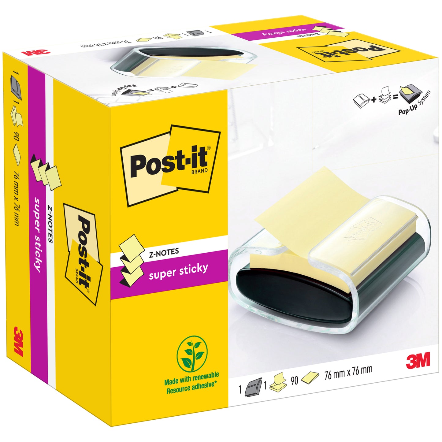 Ein schwarzer Post-it® Z-Notes Dispenser (PRO) mit 90 gelben Super Sticky Z-Notes (76 mm x 76 mm) von 3M Deutschland GmbH.