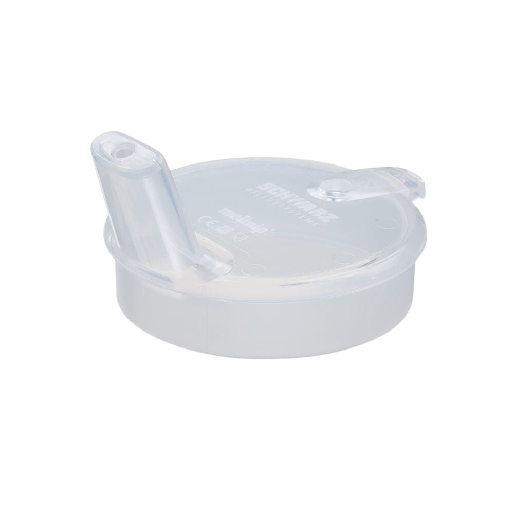 Le couvercle à boire melinip ECO de Helmut Schwarz GmbH est un couvercle en plastique transparent avec embout ergonomique et charnière. Le texte et les symboles gravés indiquent l'utilisation de vaisselle. Il a un fond blanc simple, est adapté au lave-vaisselle et est livré en sachet de 10.