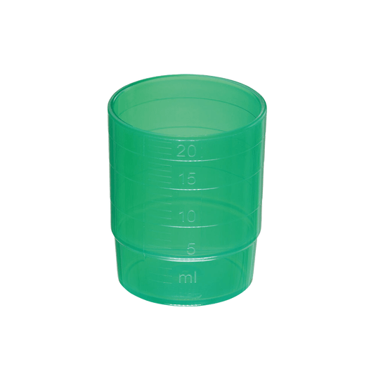 Un gobelet à médicaments réutilisable et empilable « melipul » de 25 ml, disponible en plusieurs couleurs, de la société Helmut Schwarz GmbH, fabriqué en polypropylène et lavable au lave-vaisselle, avec des graduations latérales en millilitres (ml). Les graduations indiquent les niveaux de remplissage de 5 ml, 10 ml, 15 ml et 20 ml. Le gobelet à médicaments empilable est vide et présenté sur un fond blanc.