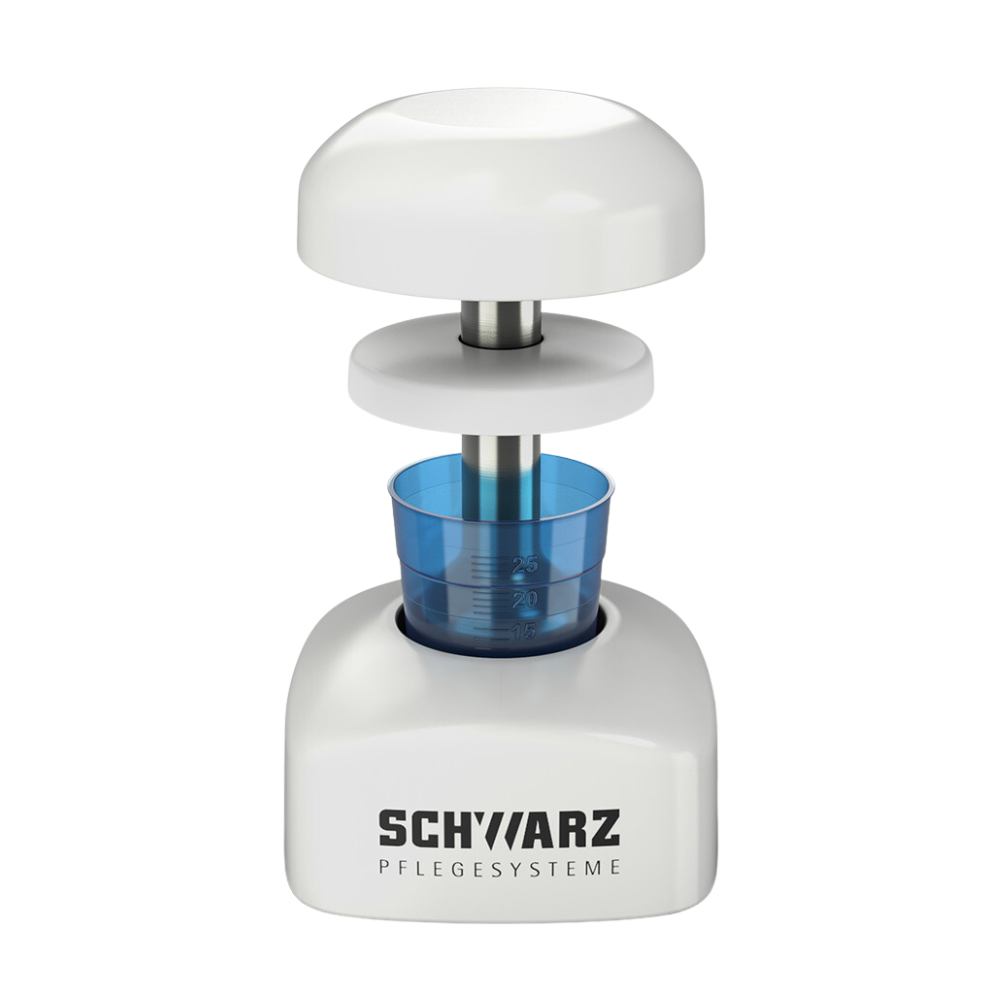 Een wit keukenapparaat in cilindrisch design van Helmut Schwarz GmbH is perfect geschikt voor hygiënisch vermalen. Het heeft een afneembare deksel en een transparante blauwe container met maatmarkeringen, ideaal voor gebruik als melipul tablettenvergruizer PROFI.