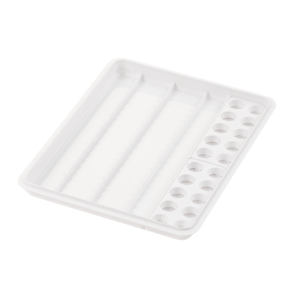 Le plateau-distributeur de gobelets mevipas 20D+20B de Helmut Schwarz GmbH est un excellent plateau d'organisation en plastique blanc, doté de trois longs compartiments rectangulaires et de dix-huit cavités rondes sur le côté droit. Il est parfaitement adapté pour organiser et mélanger efficacement les couleurs.