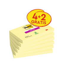 Feuillets super collants Post-it®, jaune, 76 mm x 127 mm, promotion, 90 feuilles/bloc, 4 blocs + 2 gratuits/paquet, 100 % PEFC, SGSCH-PEFC-COC-110078 | Paquet (6 pièces)