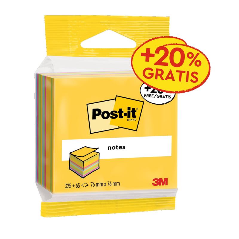 Cubes de notes Post-it®, Ultra couleurs, 76 mm x 76 mm, promotion gratuite de 20 %, 390 feuilles/bloc, 1 bloc/paquet, 100 % PEFC, SGSCH-PEFC-COC-110078 | Paquet (1 jeu)