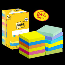 Post-it® Notes, Energetic Collection, 76 mm x 76 mm, Promotie, 90 vellen/blok, 8 blokken + 4 gratis/pak, Kartonnen verpakking, 100% PEFC, SGSCH-PEFC-COC-110078 | Pak (12 stuks)