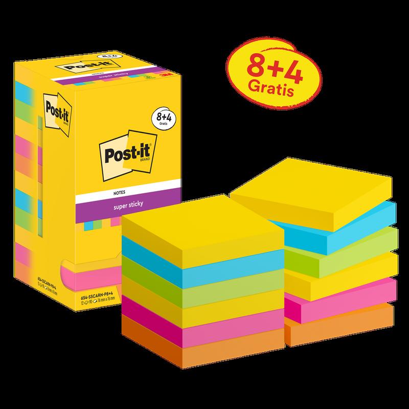 Post-it® Super Sticky Notes, Carnival Collection, 76 mm x 76 mm, Promotie, 90 vellen/blok, 8 blokken + 4 gratis/pak, Kartonnen verpakking, 100% PEFC, SGSCH-PEFC-COC-110078 | Pak (12 stuks)